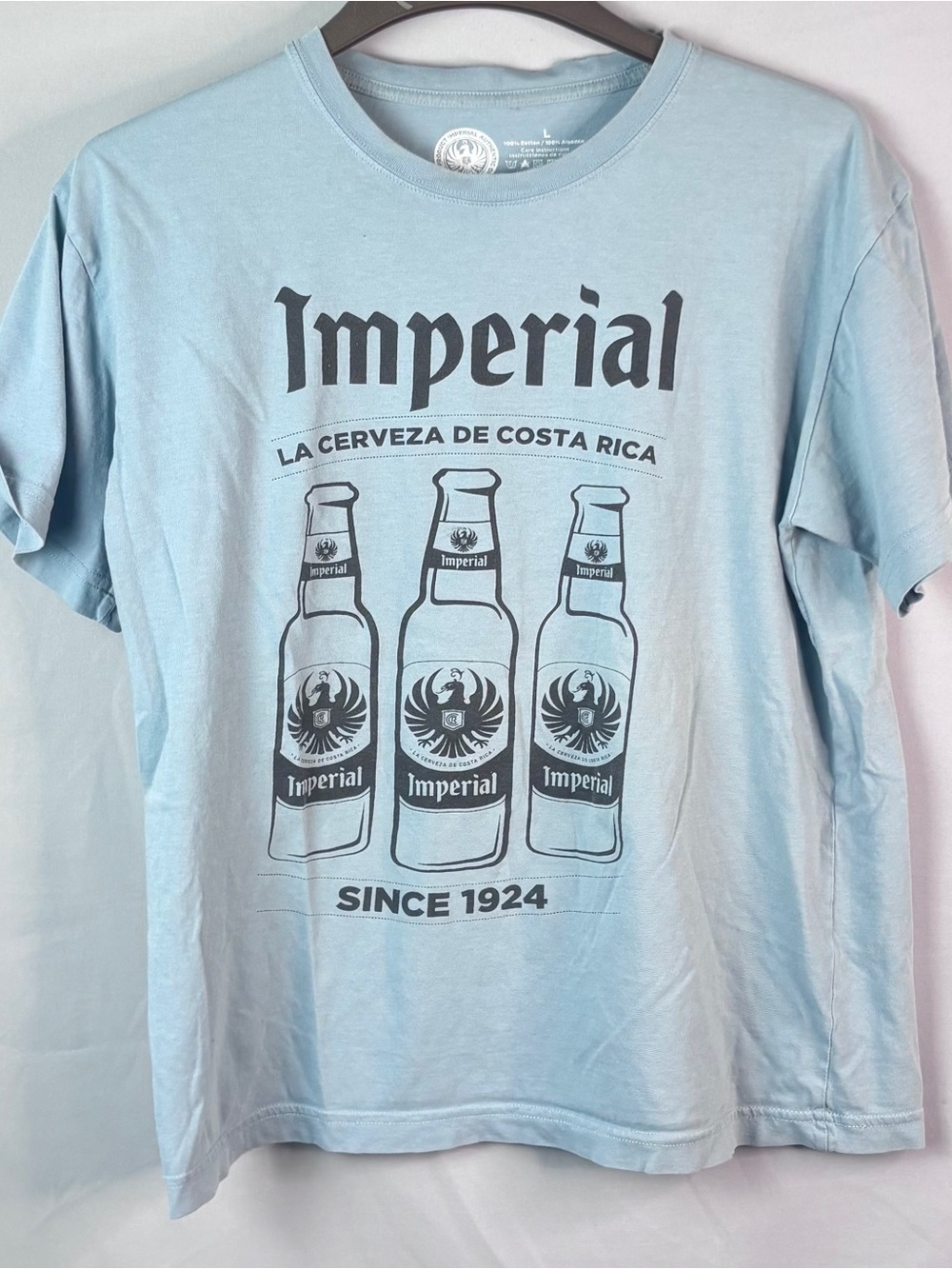 Imperial Cerveza Costa Rica Beer Graphic T-Shirt Light Blue - Size L